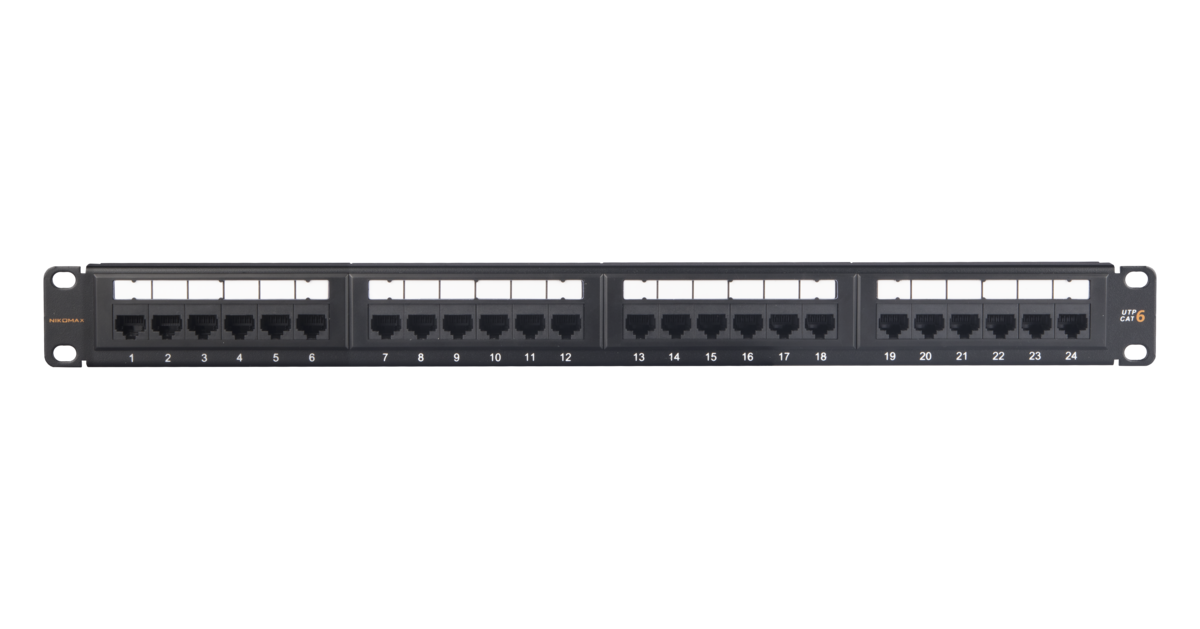 Патч-панель в шкаф 19 1U, порты: 24 x RJ-45 кат. 6, органайзер, NMC-RP24UE2-ES-1U-BK, NIKOMAX