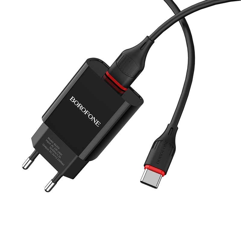  Сетевое зарядное устройство Borofone BA20A Sharp, 1USB, 2.1A, черный (02142), кабель USB Type C