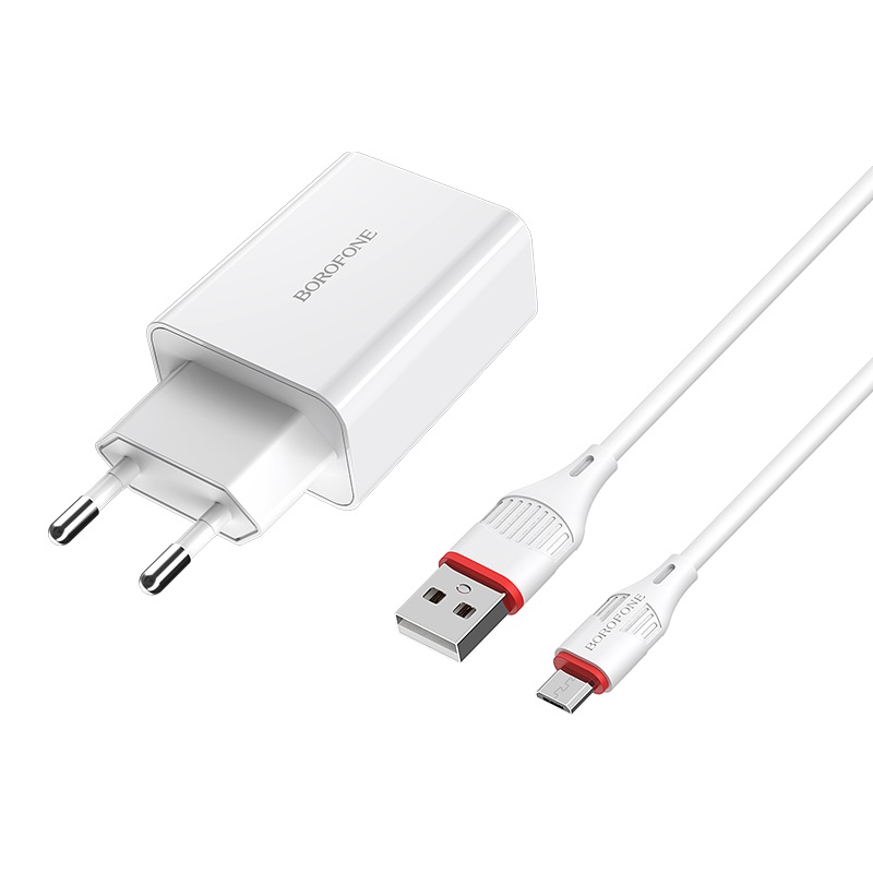   E2E4 Сетевое зарядное устройство Borofone BA21A Long journey 18W, 1USB, Quick Charge, 3A, белый (02470), кабель microUSB