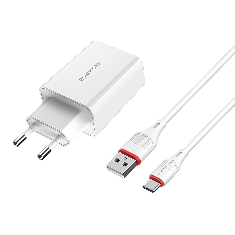   E2E4 Сетевое зарядное устройство Borofone BA21A Long journey 18W, 1USB, Quick Charge, 3A, белый (02487), кабель USB Type C