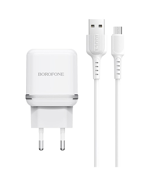   E2E4 Сетевое зарядное устройство Borofone BA25A Outstanding, 2USB, 2.4A, белый (6931474704207), кабель microUSB