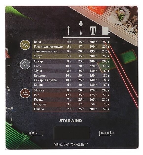   E2E4 Кухонные весы электронные Starwind SSK3377 5 кг, 2AAA, принт (SSK3377)