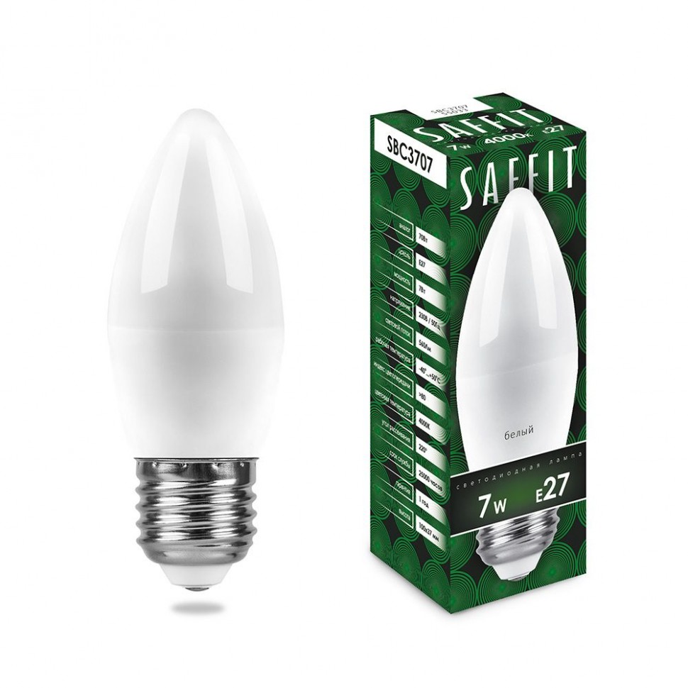 Лампа светодиодная E27 свеча/C37, 7Вт, 4000K / белый, 560лм, SAFFIT SBC3707 (55033)