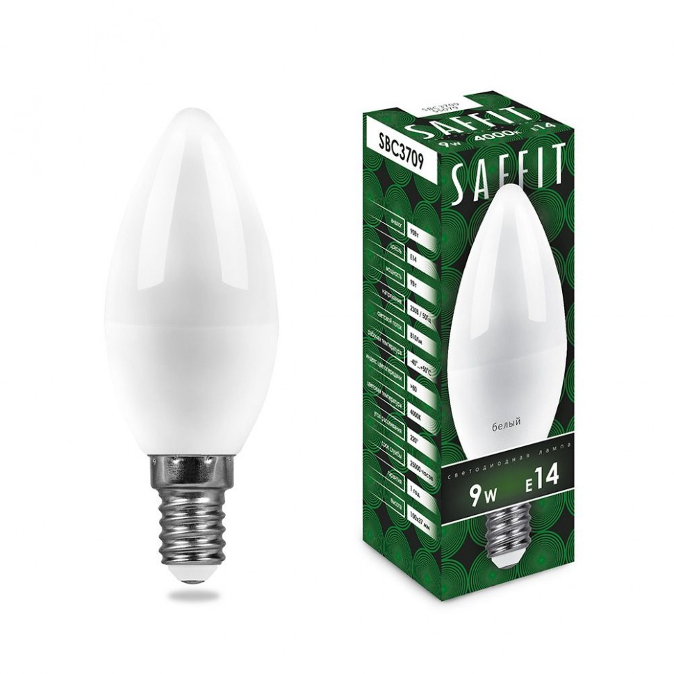 Лампа светодиодная E14 свеча/C37, 9Вт, 4000K / белый, 810лм, SAFFIT SBC3709 (55079)