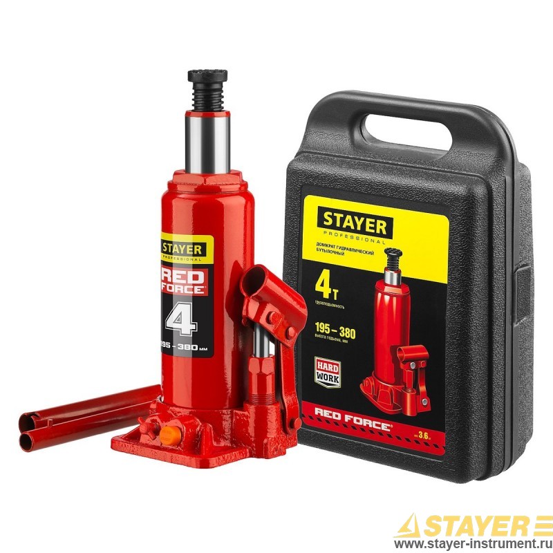  Домкрат STAYER Professional Red Force, бутылочный гидравлический, 4 т, 19.5 см-38 см, кейс (43160-4-K_z01)