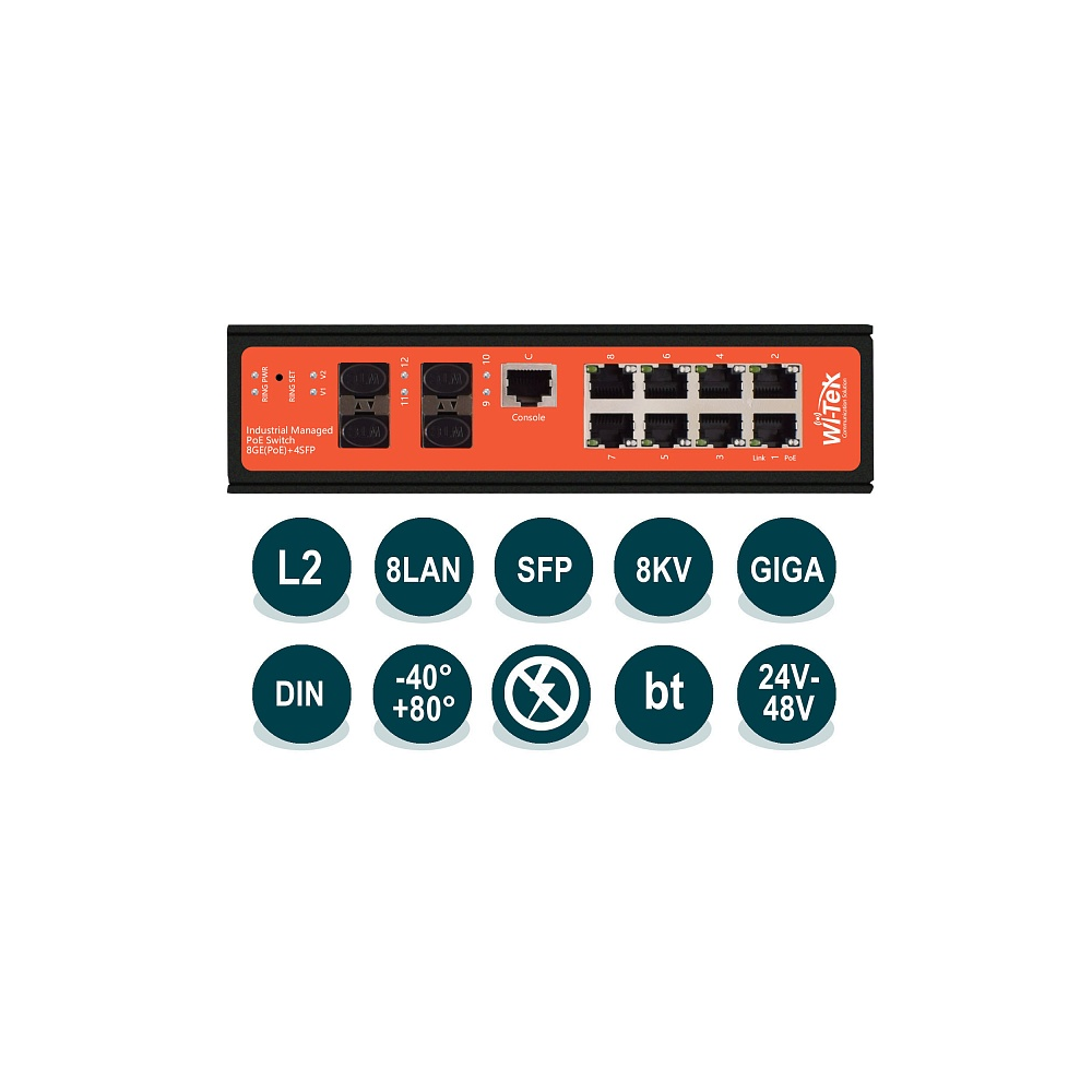 Коммутатор Wi-Tek WI-PMS312GF-I, управляемый, кол-во портов: 8x1 Гбит/с, SFP 4x1 Гбит/с, PoE:8x60 Вт (WI-PMS312GF-I v2)