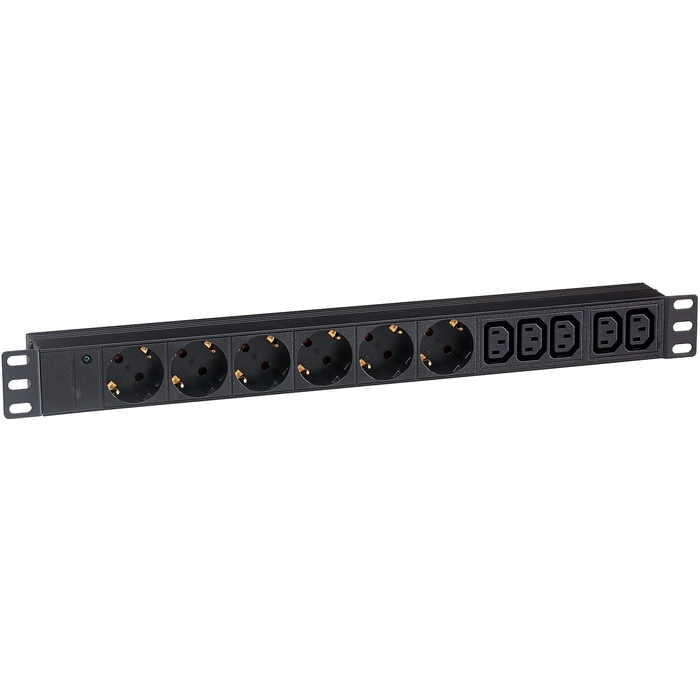 Блок розеток (PDU) ExeGate ServerPro PDU-19H010 Al-5C136S-C14, 1U, кол-во розеток:11 (6xЕвро/5xC13), 10А, черный (EX280868RUS)