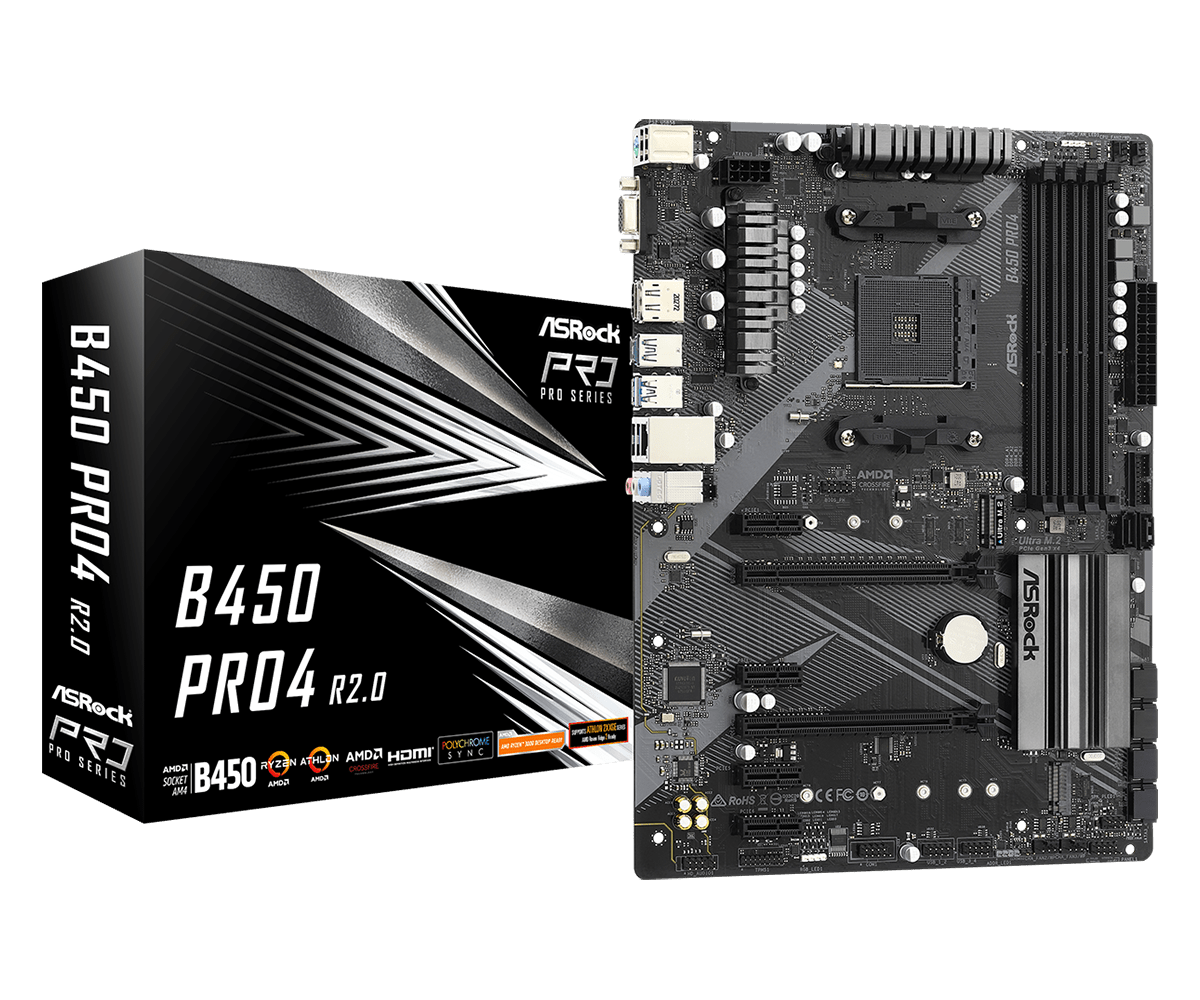 Материнская плата ASRock B450 PRO4 R2.0, SocketAM4, AMD B450, 4xDDR4, 2PCI-Ex16, 6SATA3, 7.1-ch, GLAN, 7 USB 3.2, 1 USB Type-C, VGA, HDMI, DP, ATX, Retail