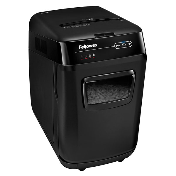 Уничтожители бумаг (шредеры)  E2E4 Шредер FELLOWES AutoMax 200C, секретность P-4, фрагменты - 4 мм x 3.8 см, объем 32 л, кол-во листов до 200 шт., скрепки, скобы, карты, CD, черный (FS-46536)