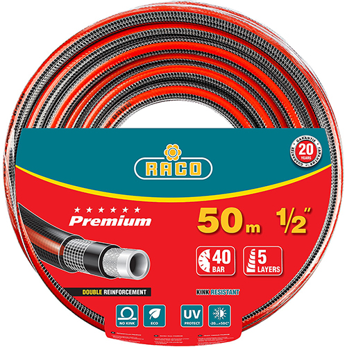 Шланг Raco PREMIUM, ПВХ, поливочный, армированный, d = 1/2 (13 мм), 50м, 40 бар (40300-1/2-50)