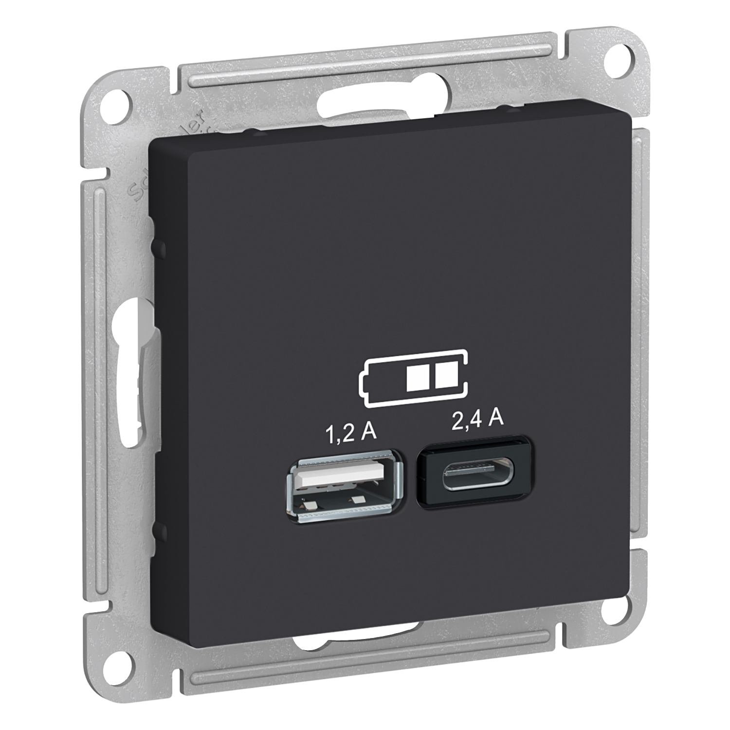 Розетка Schneider Electric AtlasDesign, USB-A, USB-C, 1.2А, 2.4А, механизм, карбон (ATN001039)