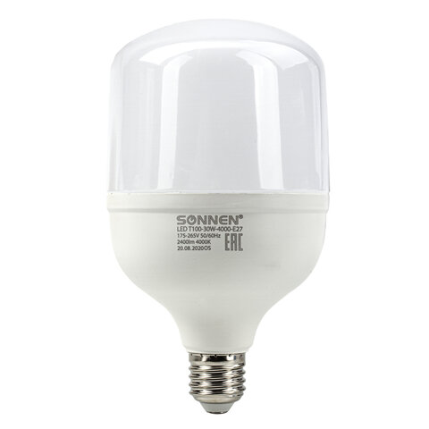 Лампа светодиодная E27 цилиндрическая/T100, 30Вт, 6500K / холодный свет, 2400лм, SONNEN Т100-30W-6500-E27 (454924)