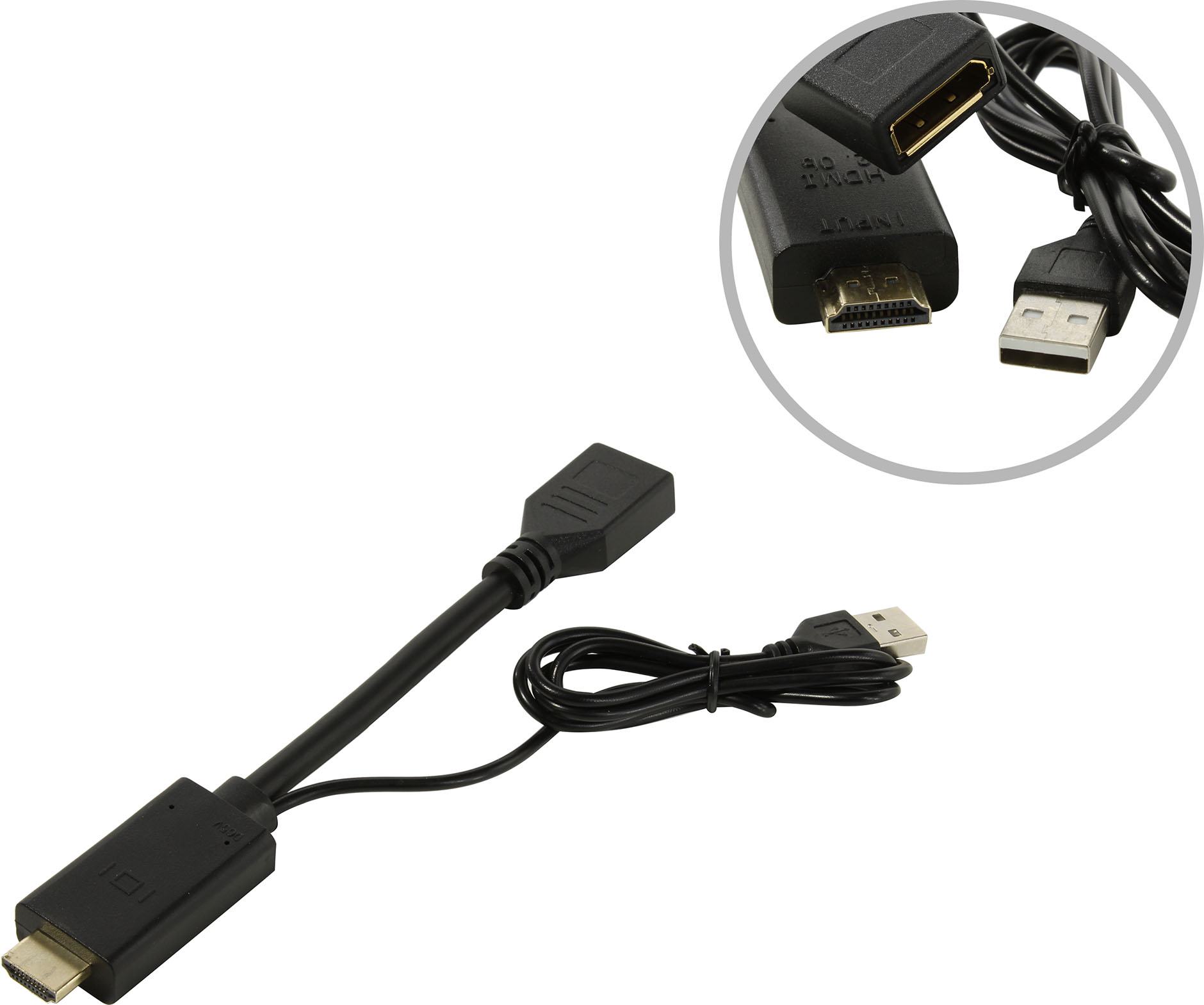 Кабель-переходник (адаптер) DisplayPort(20F)-HDMI(19M)+USB 2.0A(M) 4K, экранированный, черный KS-is (KS-501)