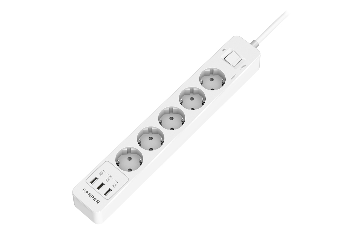 Сетевой фильтр HARPER UCH-560, 5-розеток, 3xUSB, 3 м, белый (UCH-560 White)