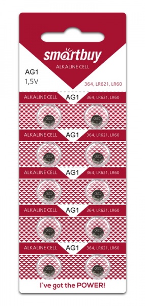 Батарея Smartbuy BUTTON CELLS, AG1, 364, LR621, 1.5V, 10шт. (SBBB-AG1-10B)