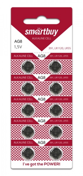 Элементы питания  E2E4 Батарея Smartbuy BUTTON CELLS, AG8, 391, LR1120, 1.5V, 10шт. (SBBB-AG8-10B )