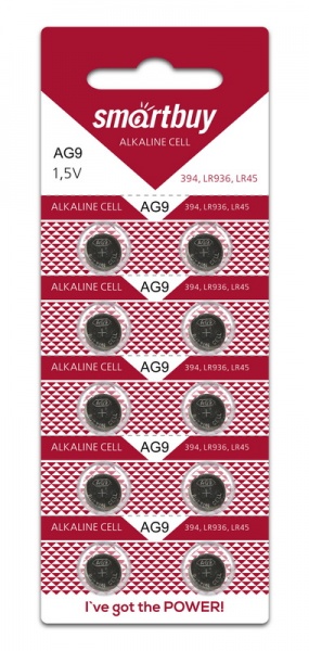 Элементы питания Батарея Smartbuy BUTTON CELLS, AG9, 394, LR939, 1.5V, 10шт. (SBBB-AG9-10B)