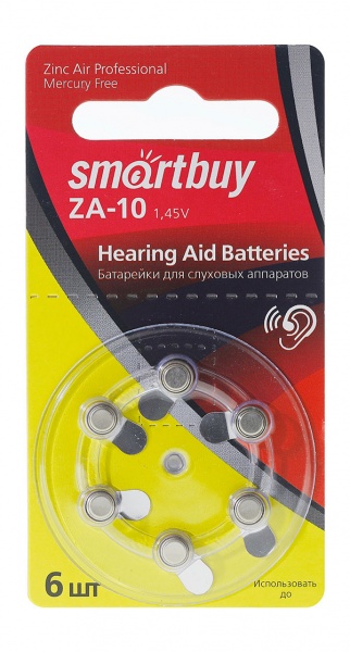 Элементы питания  E2E4 Батарея Smartbuy Zinc Air, ZA10, AC10, DA230, PR70, PR230L, 1.45V, 6шт. (SBZA-A10-6B)