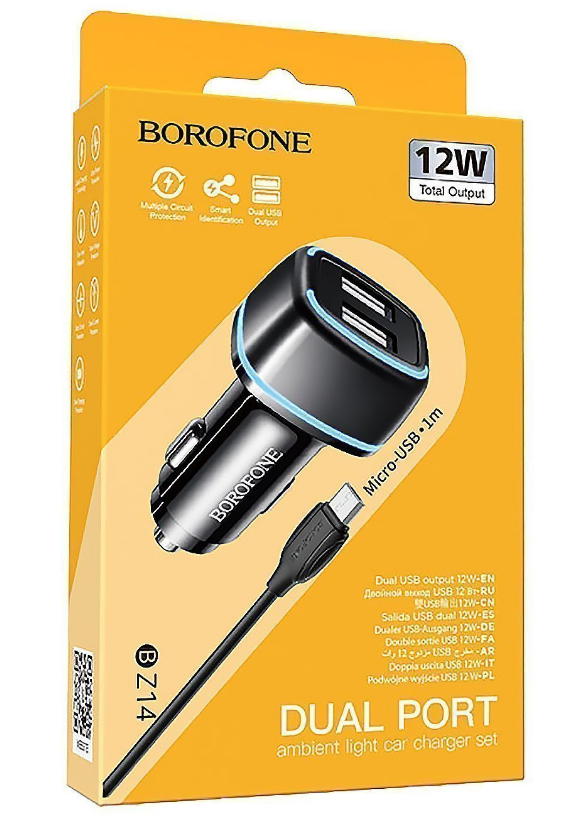 Автомобильное зарядное устройство Borofone BZ14, 2xUSB, 3А, 12 Вт, QC, кабель microUSB, черный