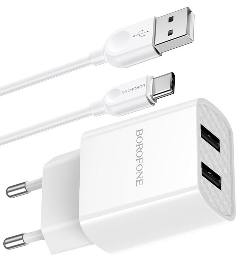   E2E4 Сетевое зарядное устройство Borofone BA53A 10W, 2USB, 1.5A, белый, кабель USB Type C