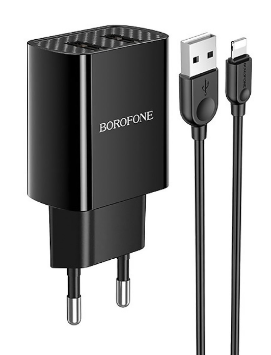   E2E4 Сетевое зарядное устройство Borofone BA53A 15W, 2USB, 1.5A, черный, кабель Lightning