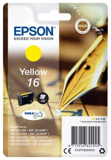 Картридж струйный Epson T1624 (C13T16244012), желтый, оригинальный, объем 3.1мл, ресурс 165 страниц для WF-2010W WF-2010, WF-2520, WF-2530, WF-2540