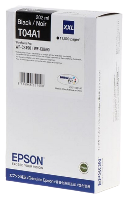  Картридж струйный Epson T04A1 (C13T04A140), черный, оригинальный, объем 202 мл, ресурс 11500 страниц для WorkForce WF-C8190DW WF-C8190, WF-C8690 DWF