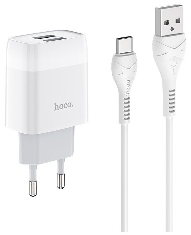  Сетевое зарядное устройство Hoco Glorious C73A 10W, 2xUSB, 2.4A, белый (13063), кабель microUSB