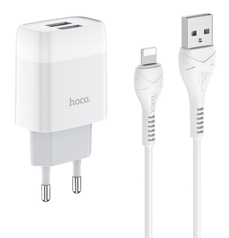  Сетевое зарядное устройство Hoco Glorious C73A 10W, 2xUSB, 2.4A, белый (13056), кабель Lightning