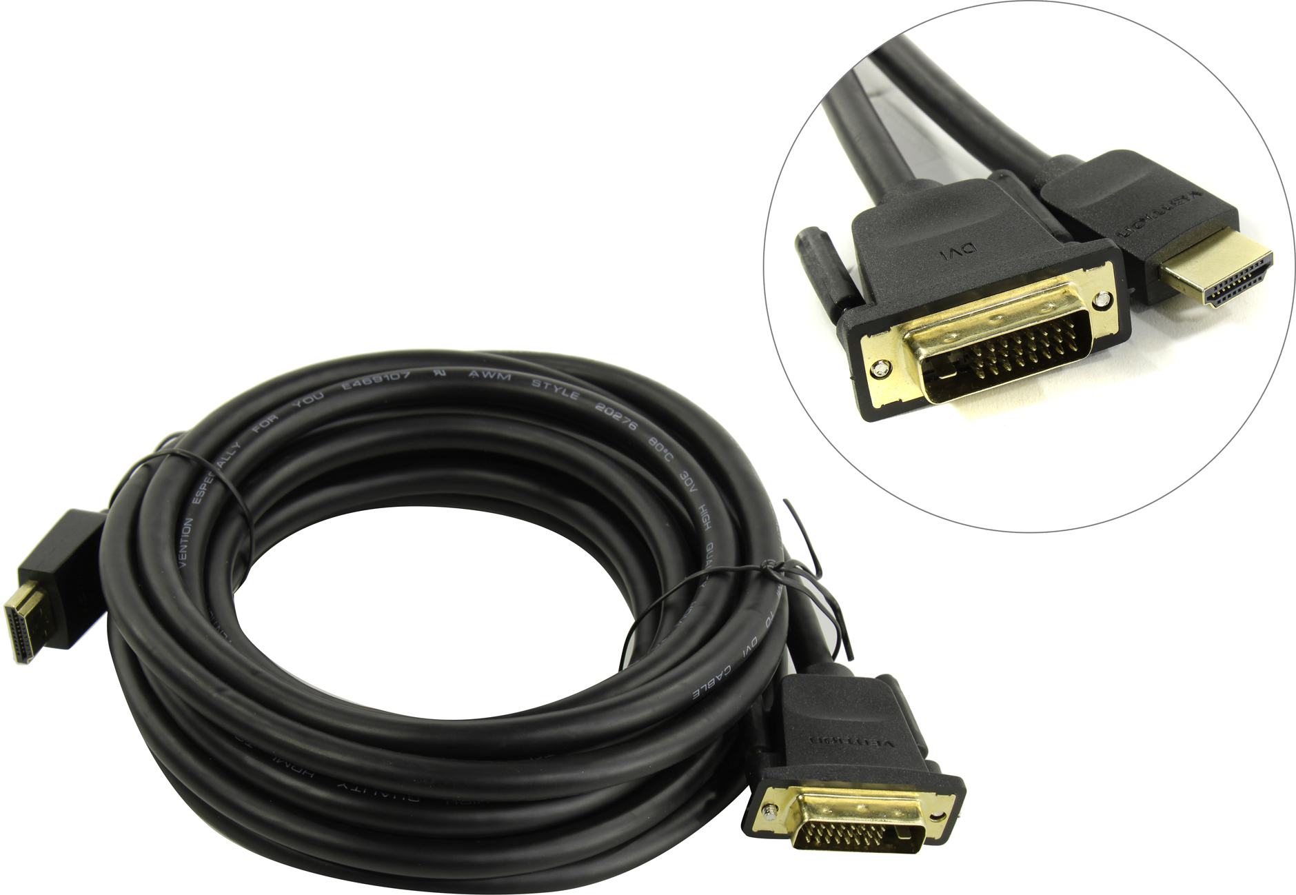 Кабель HDMI(19M)-DVI(25M) Dual Link, 5 м, черный Vention (ABFBJ)