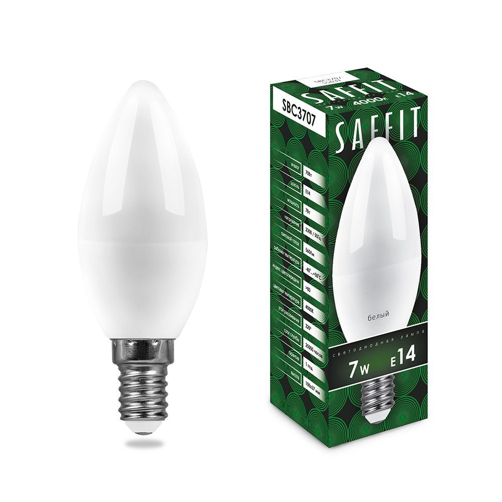 Лампа светодиодная E14 свеча/C37, 7Вт, 6400K / холодный свет, 560лм, SAFFIT (55169 )