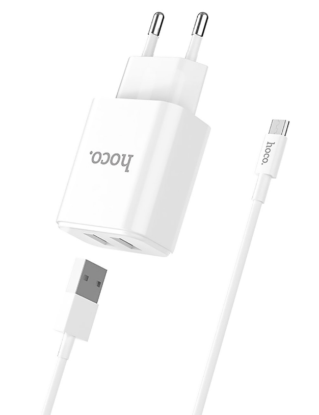   E2E4 Сетевое зарядное устройство Hoco C62A Victoria 10W, 2USB, 1.5A, белый, кабель microUSB