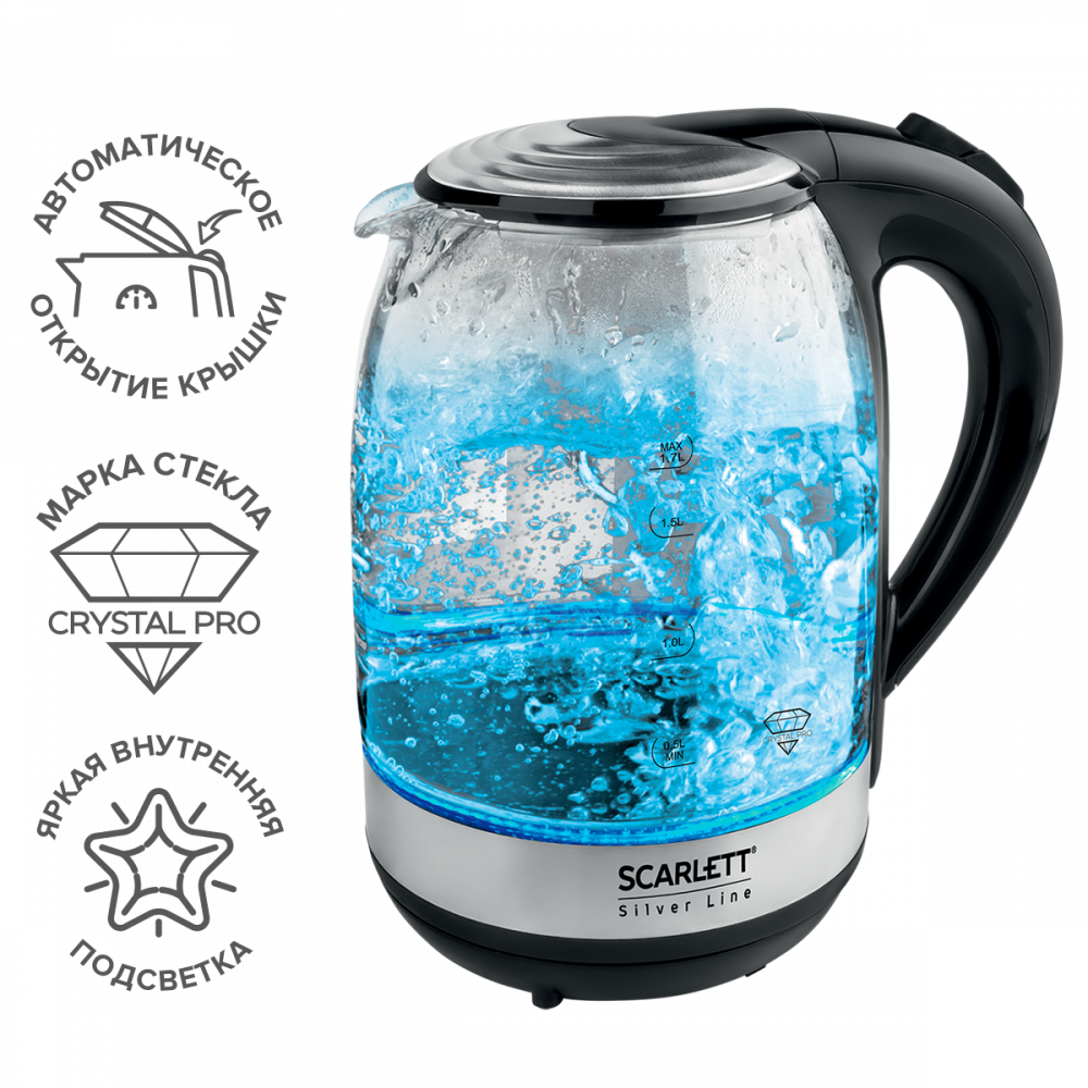 Чайник электрический Scarlett Silver Line 2 2.2 кВт, пластик/стекло/металл, черный (SC-EK27G48)