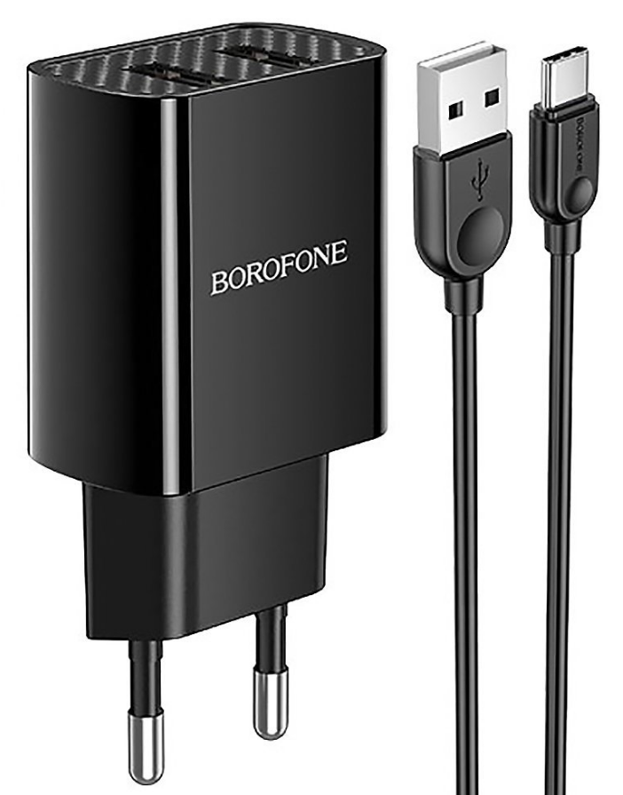  Сетевое зарядное устройство Borofone BA53A Powerway 10W, 2USB, 1.5A, черный, кабель USB Type C