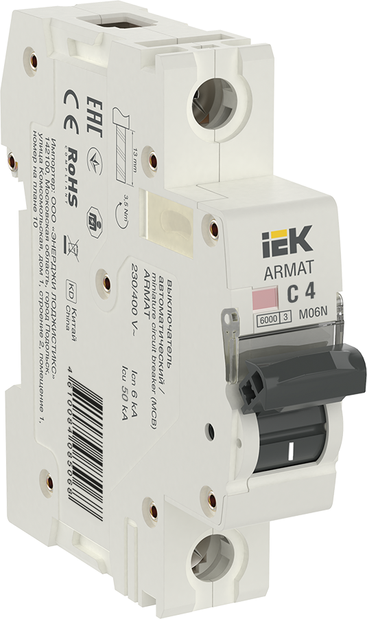 Выключатель автоматический IEK M06N Armat однополюсный (1P/1П) 4А C 6кА (AR-M06N-1-C004)