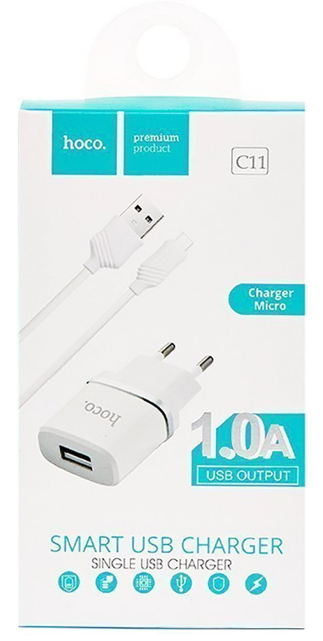   E2E4 Сетевое зарядное устройство Hoco C11 5 Вт, USB, 1А, белый, кабель microUSB