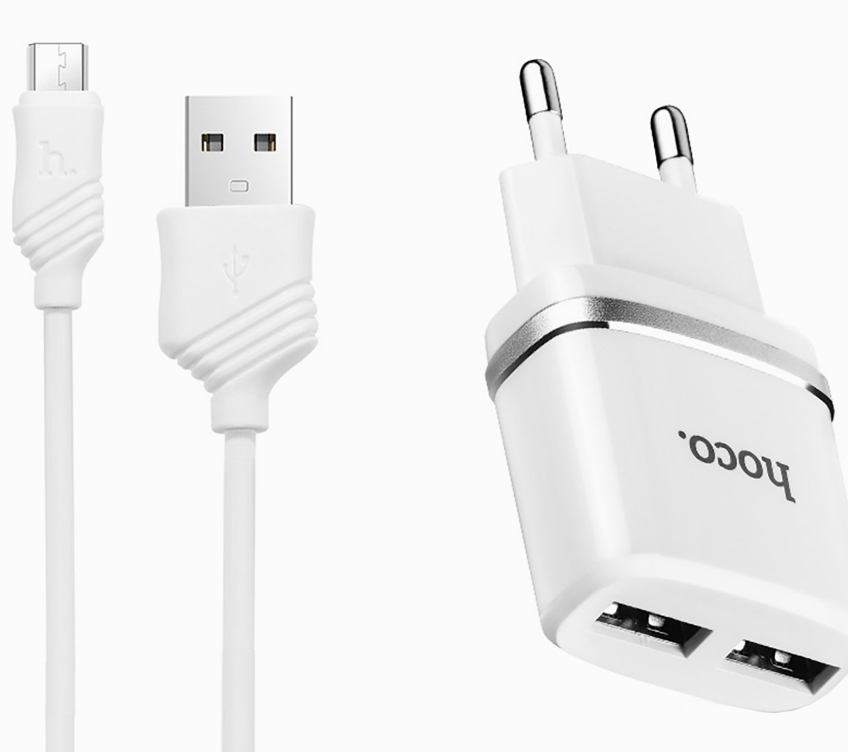 Сетевое зарядное устройство Hoco c12 10W, 2USB, 1.5A, белый, кабель microUSB