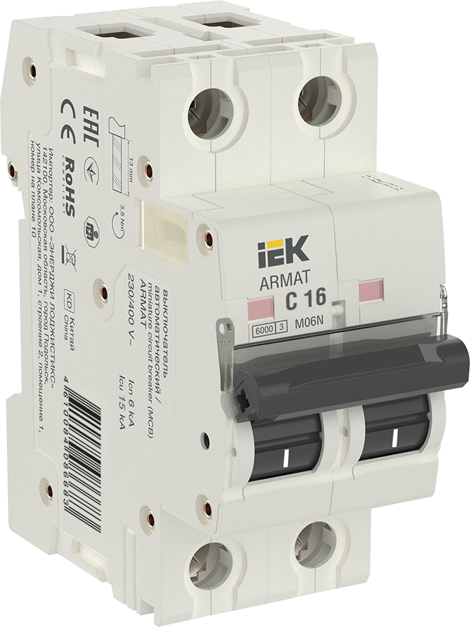 Выключатель автоматический IEK M06N Armat двухполюсный (2P/2П) 16А C 6кА (AR-M06N-2-C016)