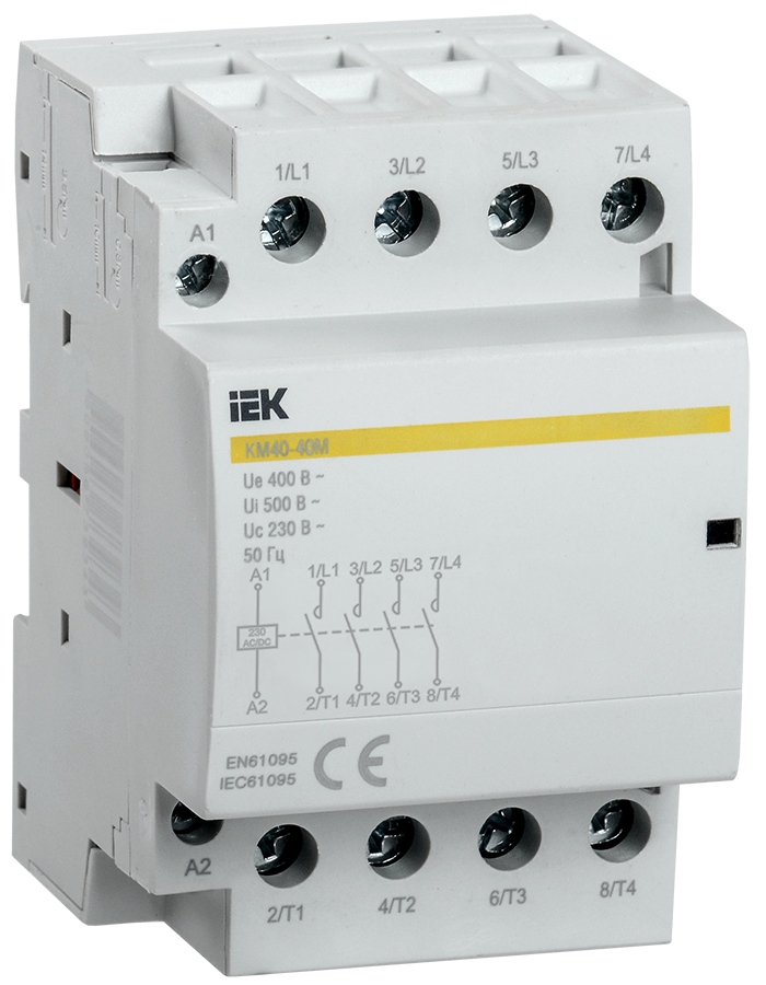 Контакторы модульные Контактор модульный четырехполюсный (4P) 40А 400 В/230 В, AC, 4НО, IP20, IEK КМ40-40М (MKK21-40-40)
