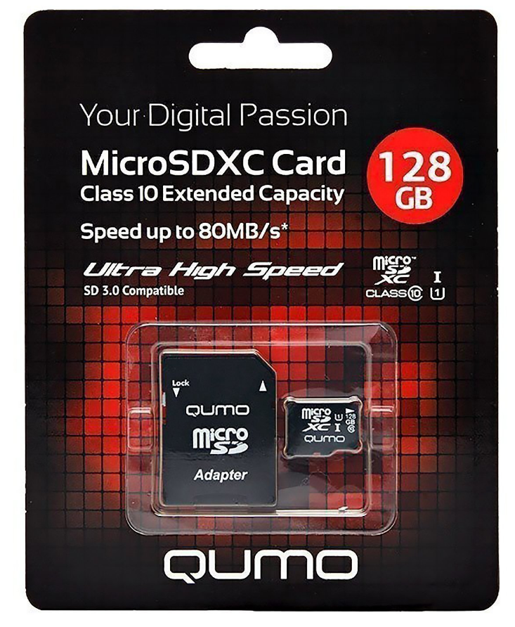 UHS-I U3 Карта памяти 128Gb microSD Qumo Class 10 UHS-I 3.0 + адаптер (-)