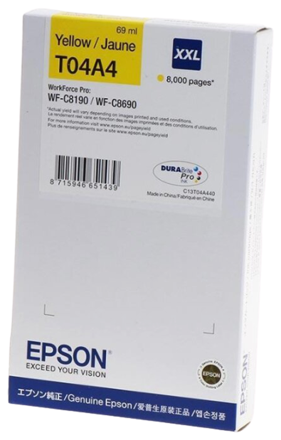 Картридж струйный Epson T04A4 (C13T04A440), желтый, оригинальный, объем 69мл, ресурс 8000 страниц для WorkForce Pro WF-C8190DW/C8690DWF