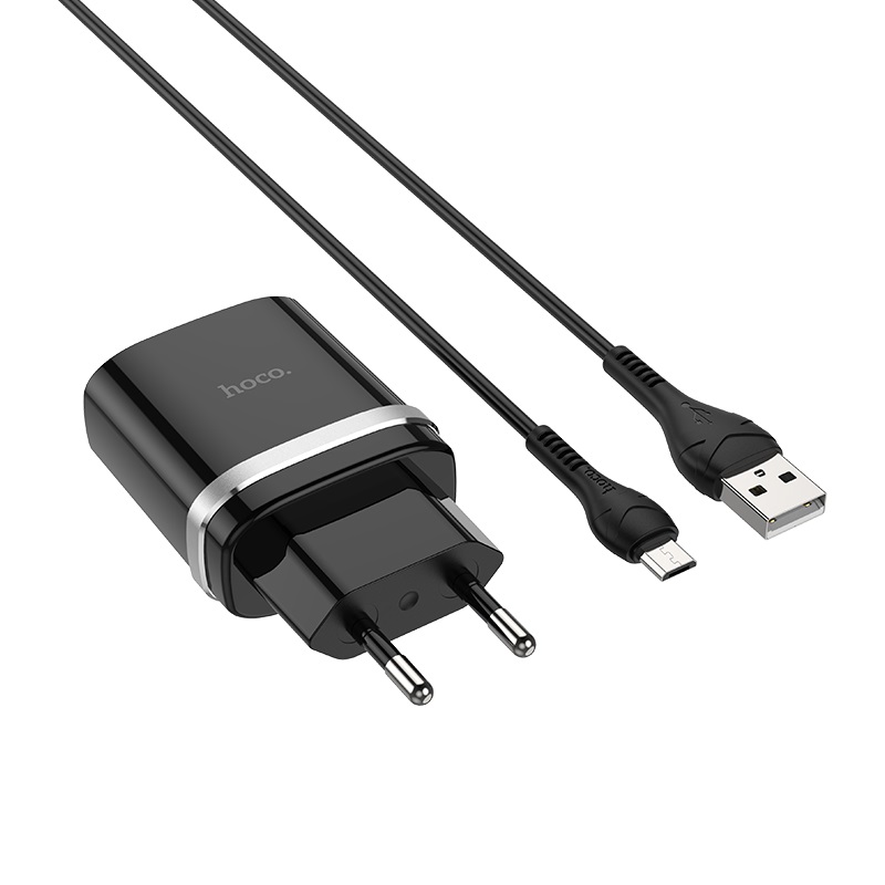   E2E4 Сетевое зарядное устройство Hoco C12Q 18W, 1USB, Quick Charge, 3A, черный (6931474716279), кабель microUSB