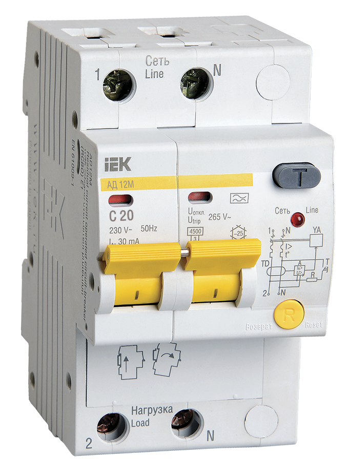 Выключатель автоматический дифференциального тока IEK АД12М, 2P, C, 20А, AC/30мА (MAD12-2-020-C-030)