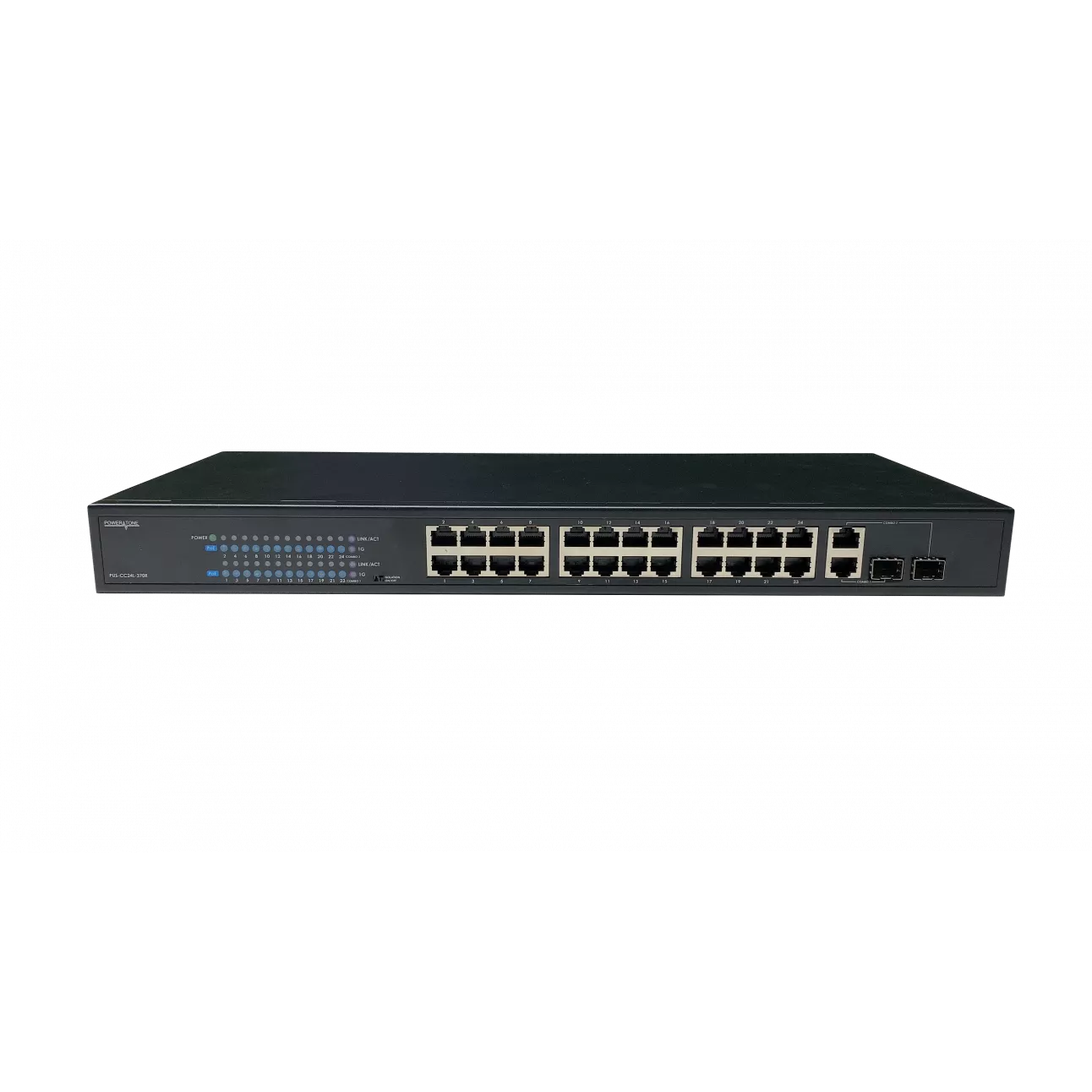 Коммутатор Powertone PUS-CC24L-370R, кол-во портов: 24x100 Мбит/с, SFP 2x1 Гбит/с, установка в стойку, PoE (макс. 370Вт) (PUS-CC24L-370R)