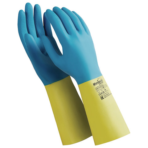 Перчатки хозяйственно-бытовые латексно-неопреновые, с х/б напылением, от химических воздействий, XL, синий/желтый, MANIPULA (LN-F-05)