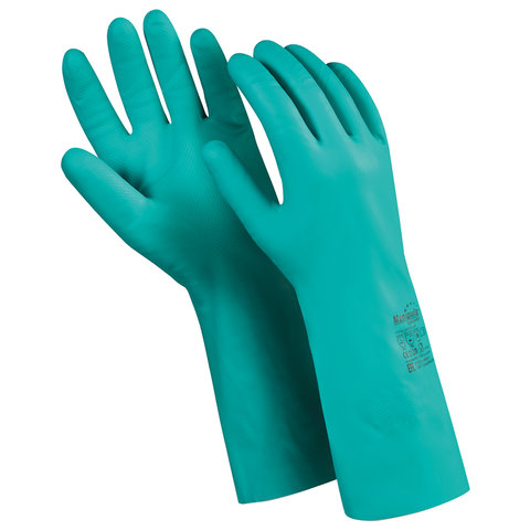 Перчатки хозяйственно-бытовые нитриловые, с х/б напылением, от химических воздействий, 8 (M), зеленый, MANIPULA
