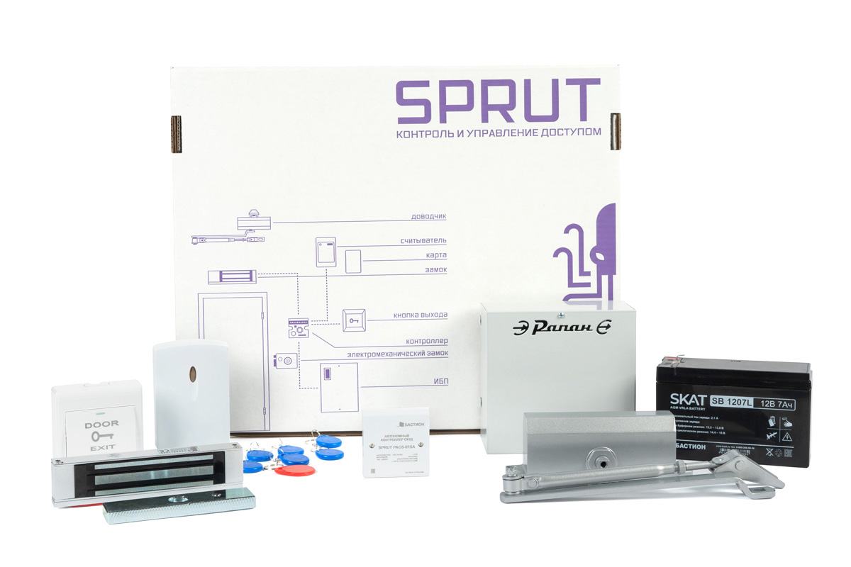 Прочие устройства СКУД  E2E4 Комплект системы контроля доступа БАСТИОН SPRUT Офис стандарт, комплект поставки: электромагнитный замок на 180 кг с планкой и уголком, дверной доводчик с усилием 70 кг, считыватель и кнопка выход, ИБП 12 В 2 А , АКБ 7 Ач., 10 пользовательских брелоков, 1 брелок мастер-ключ (8841)