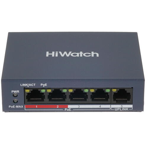 Коммутатор HiWatch DS-S504P(B), кол-во портов: 4x100 Мбит/с, кол-во SFP/uplink: RJ-45 1x100 Мбит/с, PoE: 4x30Вт (макс. 35Вт) (DS-S504P(B))