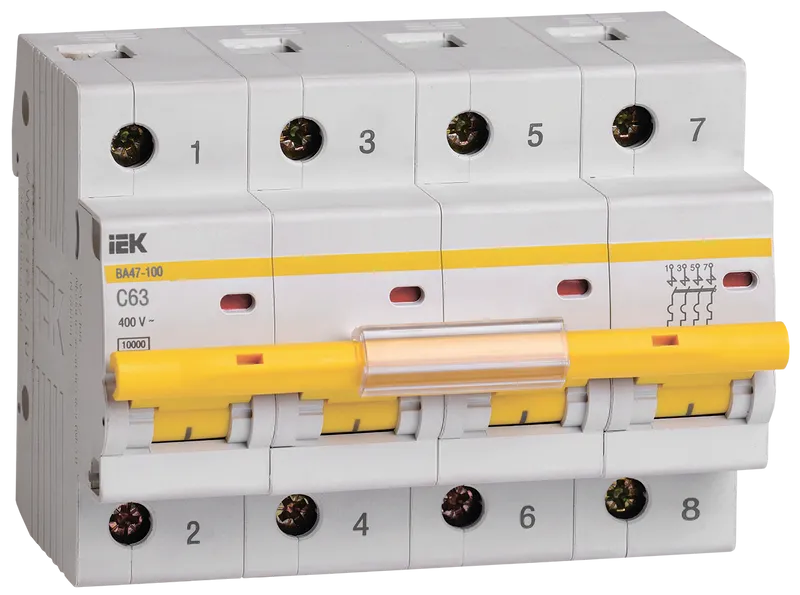 Выключатель автоматический IEK ВА47-100 четырехполюсный (4P/4П) 63А 10кА (MVA40-4-063-C)