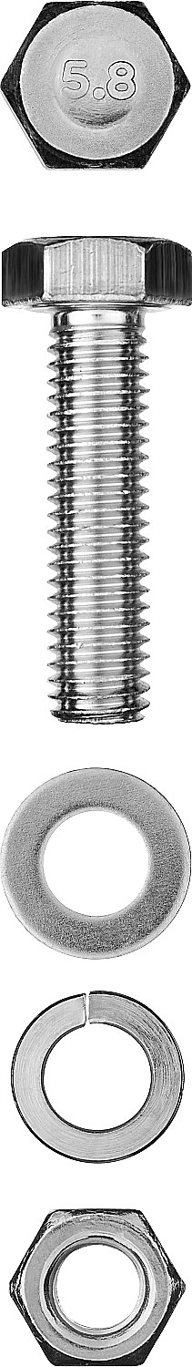 Болт (DIN933) в комплекте с гайкой (DIN934), шайбой (DIN125), шайбой пруж. (DIN127) Зубр 303436-06-040, М6, 4 см, 933 DIN, 6 мм, оцинкованная сталь, 8 шт., фасовка (303436-06-040)